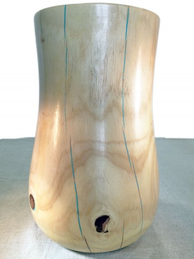Minimalist vase with blue details, pine wood